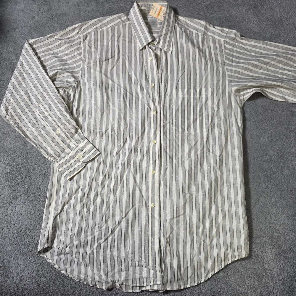 Bill Robinson Mens 15.5 35 Button Down Shirt Grey White Striped Cotton Silk Blnd